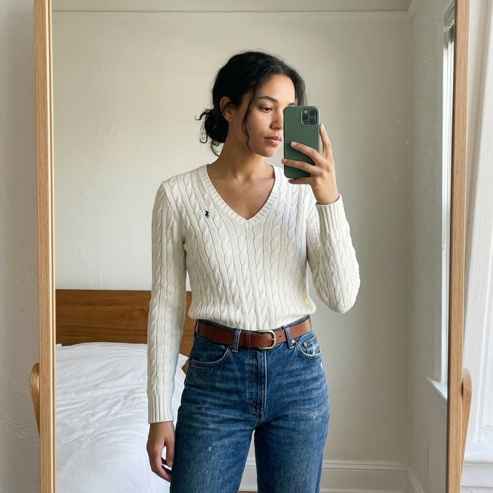 Vintage Y2K Ralph Lauren Sport Women Sweater Small White Cable Knit Old Money